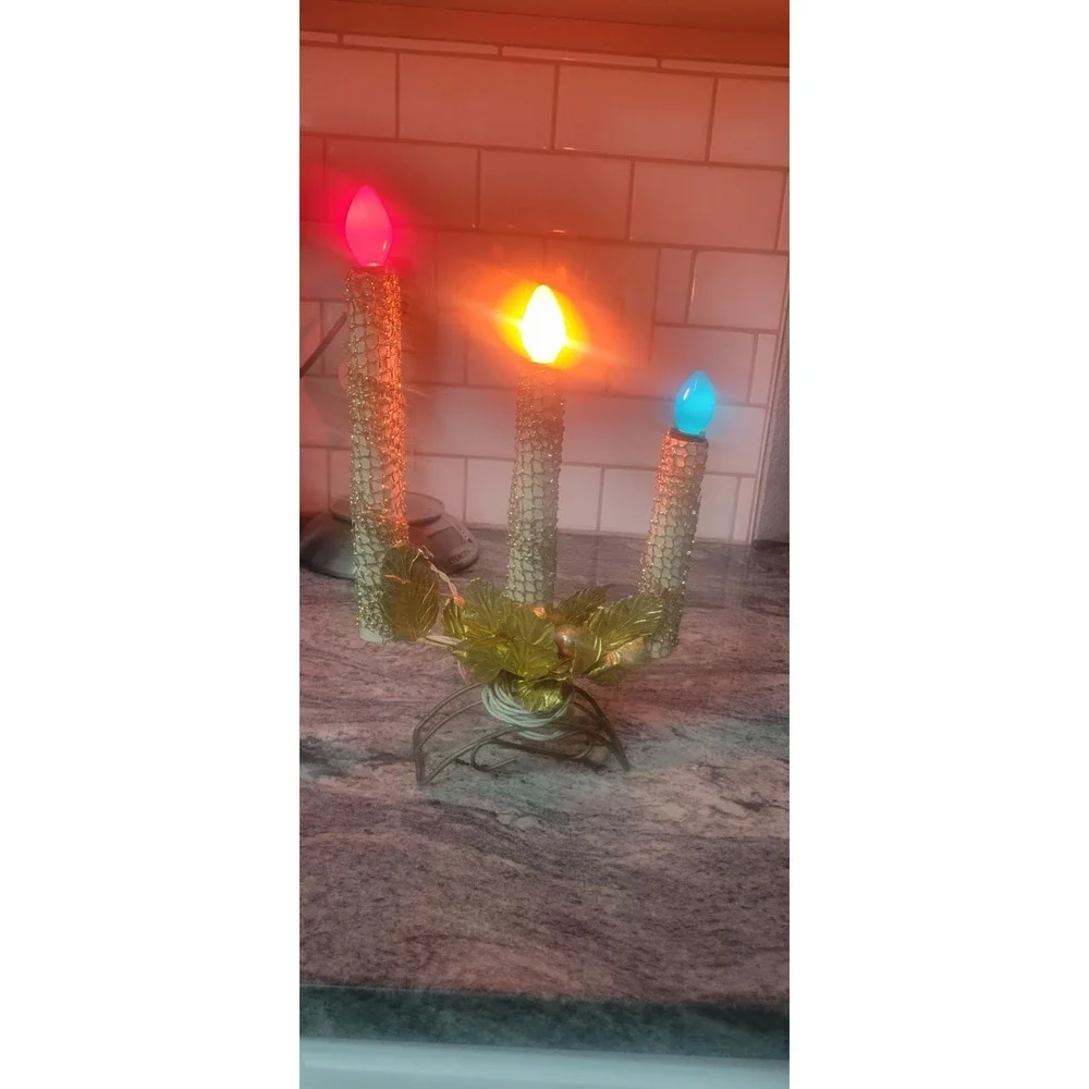 Vintage Mirostar Candolier Gold Tinsel Mesh 3 Candle Table Decor 50s Wire Lamp
